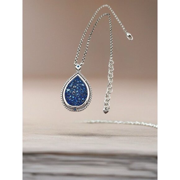 BRIGHTON CRYSTAL ROCKS BLUE DRUSY QUARTZ CRYST SLVR TEARDROP MESSAGE NECKLACE - Picture 1 of 7